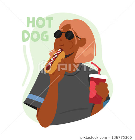 Woman Enjoying Delicious Hot Dog And Sipping Soda. Young Relaxed Female Character With Fast Food And Beverage 136775300