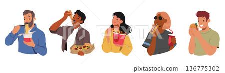 Set Of Male And Female Characters Unhealthy Eating Habits. Men And Women Indulging In Fast Food, Burger, Fries 136775302