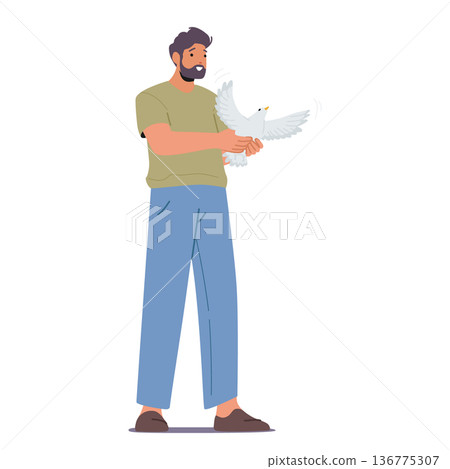 Man Releases A White Dove, Symbolizing Peace And Hope. As It Soars Into The Sky, It Embodies The Universal Yearning Man Releases A White Dove, Symbolizing Peace And Hope. As It Soars Into The Sky, It Embodies The Universal Yearning 136775307
