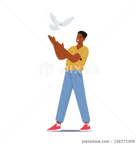 Man Releases A Pure White Dove, Symbolizing Peace And Hope, As It Soars Into The Sky, Carrying A Message Of Harmony 136775309