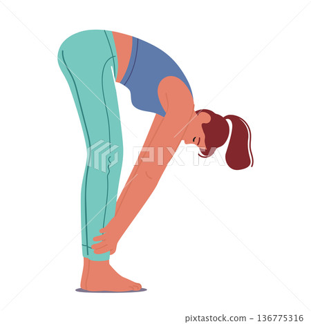 Woman Character Performing Padhasthasana Yoga Pose Where She Bends Forward From The Waist, Reaching Her Hands 136775316