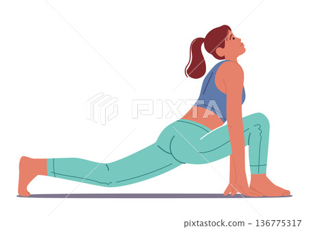 Woman Performing Ashwasanchalasana, Also Known As Equestrian Pose In Yoga, Involves Kneeling With One Leg Forward 136775317