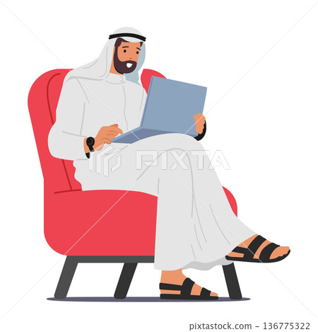 Focused Arab Muslim Businessman Character Engrossed In Laptop Work, Displaying Determination And Dedication 136775322