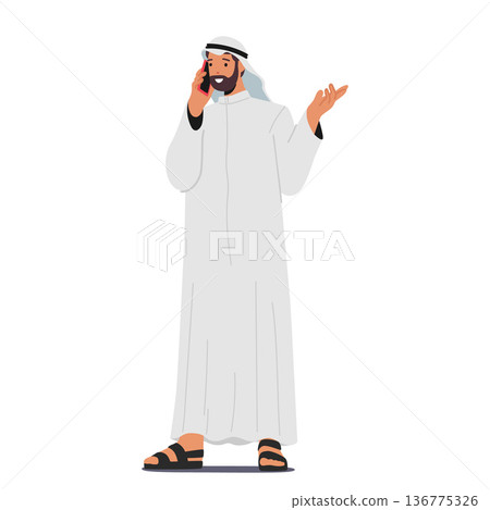 Arab Muslim Businessman Character Conversing On Mobile Phone, Discussing Deals And Making Connection Vector Illustration Arab Muslim Businessman Character Conversing On Mobile Phone, Discussing Deals And Making Connection Vector Illustration 136775326