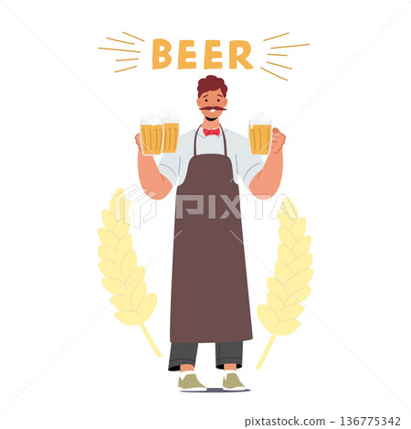 Bartender Character Serving Craft Beer In Glass Cups, Carefully Pouring And Presenting Each Brew With Expertise Bartender Character Serving Craft Beer In Glass Cups, Carefully Pouring And Presenting Each Brew With Expertise 136775342