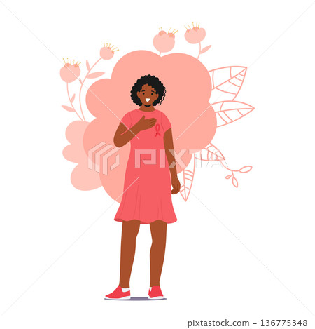 Black Female Character with Pink Ribbon and Hand on her Breast Passionately Promotes Breast Cancer Awareness Black Female Character with Pink Ribbon and Hand on her Breast Passionately Promotes Breast Cancer Awareness 136775348