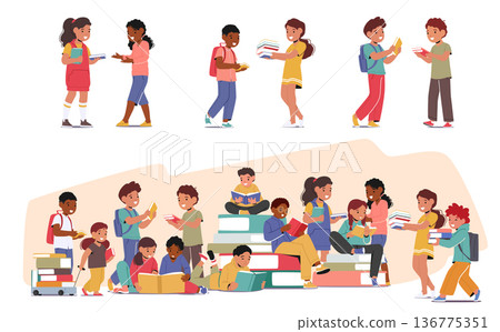 Kids Eagerly Swapping Books, Sharing Tales, Igniting Imaginations. A Delightful Exchange Of Adventures And Stories Kids Eagerly Swapping Books, Sharing Tales, Igniting Imaginations. A Delightful Exchange Of Adventures And Stories 136775351