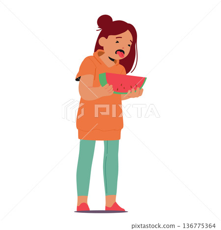 Child Scrunches Face, Shakes Head, Pushes Away Watermelon. Girl Pouts, Protests Against Tasting Juicy Fruit Child Scrunches Face, Shakes Head, Pushes Away Watermelon. Girl Pouts, Protests Against Tasting Juicy Fruit 136775364