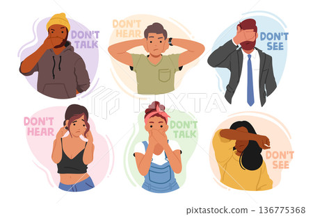 Young Men and Women Characters Closing Eyes, Ears and Mouth Like Three Wise Monkeys from the Saying, Vector Illustration 136775368
