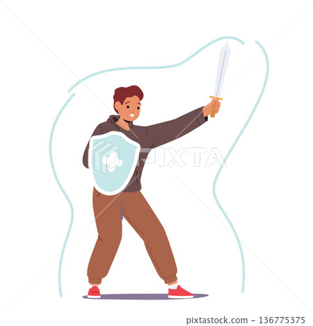 Young Child Character With Powerful Immunity Shield And Sword Fight Against Germs And Illness. Strong Immune System Young Child Character With Powerful Immunity Shield And Sword Fight Against Germs And Illness. Strong Immune System 136775375