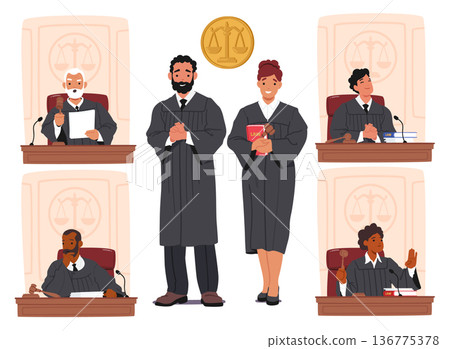 Judges Male and Female Characters In Court. Impartial Legal Authorities Who Interpret Laws, Administer Justice 136775378