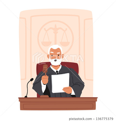 Senior Judge Character With Gavel Seated At Desk, Presiding In Court, Delivering Justice And Maintaining Order Senior Judge Character With Gavel Seated At Desk, Presiding In Court, Delivering Justice And Maintaining Order 136775379
