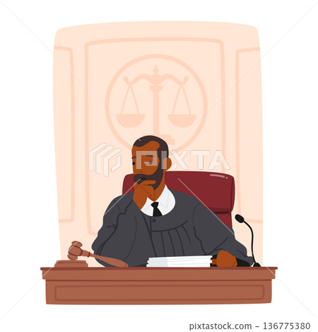 Thinking Judge Male Character Sitting At Desk, Contemplating In A Court Setting, Considering Evidence Thinking Judge Male Character Sitting At Desk, Contemplating In A Court Setting, Considering Evidence 136775380