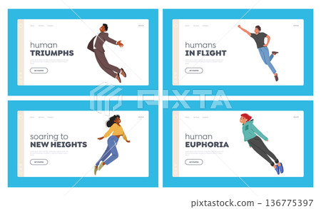 People Flying Landing Page Template Set. Characters Soar Through The Sky In Exhilarating Freedom, And Feeling Of Flight People Flying Landing Page Template Set. Characters Soar Through The Sky In Exhilarating Freedom, And Feeling Of Flight 136775397