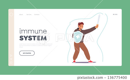 Immune System Landing Page Template. Young Child Character With Powerful Immunity Shield and Sword Fight Against Germs Immune System Landing Page Template. Young Child Character With Powerful Immunity Shield and Sword Fight Against Germs 136775400