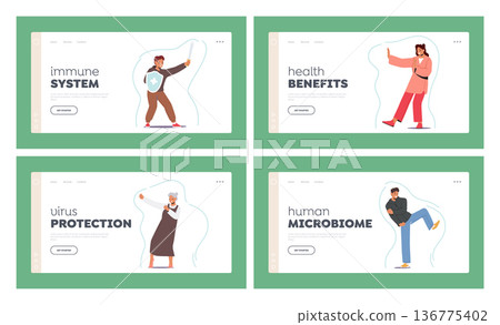 Robust Immune System Landing Page Template Set. Kids and Adult Family Characters With Strong Immunity Shield 136775402
