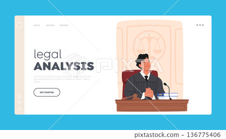 Legal Analysis Landing Page Template. Male Judge Authority Figure Presiding Over Legal Proceedings, Making Decisions 136775406