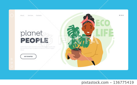 Eco-life Landing Page Template. Woman Holding Potted Flower, Promoting Sustainability, Green Living, Nurturing The Plant 136775419