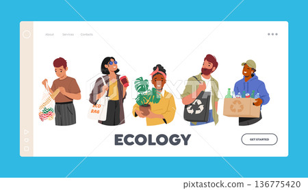Ecology Landing Page Template. Characters Living Green, Minimizing Waste, Using Renewable Resources Cartoon Illustration Ecology Landing Page Template. Characters Living Green, Minimizing Waste, Using Renewable Resources Cartoon Illustration 136775420