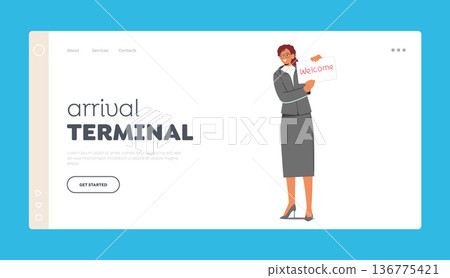 Arrival Terminal Landing Page Template. Female Character Wearing Formal Suit Meeting Someone in Airport Hall 136775421