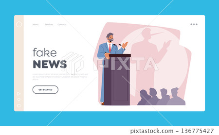 Fake News Landing Page Template. Male Character Liar with Long Nose Shade on Wall Stand On Podium Addressing A Crowd Fake News Landing Page Template. Male Character Liar with Long Nose Shade on Wall Stand On Podium Addressing A Crowd 136775427