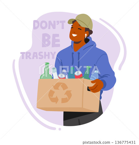 Male Character Carry Box With Bottles For Recycling. Man Sorting Trash Into Recycling Bins Separating Waste 136775431