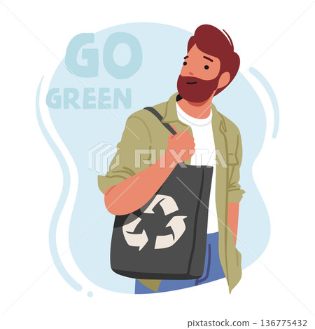 Male Character Carry Eco-friendly Reusable Bag With Recycle Symbol, Perfect For Shopping, Running Errands, Illustration Male Character Carry Eco-friendly Reusable Bag With Recycle Symbol, Perfect For Shopping, Running Errands, Illustration 136775432
