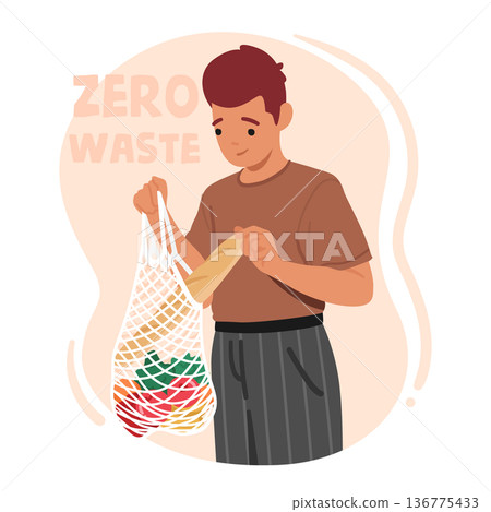 Male Character Carrying String Bag Full Of Groceries, Environmentally Conscious, Reusable, Sustainable, Shopping Male Character Carrying String Bag Full Of Groceries, Environmentally Conscious, Reusable, Sustainable, Shopping 136775433