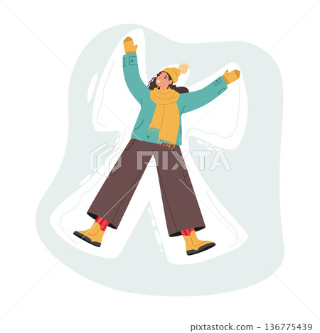 Woman Lies On Freshly Fallen Snow Moving Her Limbs Gracefully To Create Snow Angels, Leaving Behind Winged Imprints 136775439