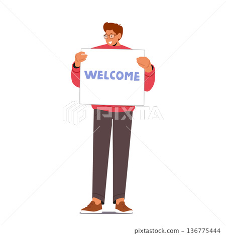 Concept Of Travel And Hospitality With Male Character Holding Welcome Banner Isolated On White Background 136775444