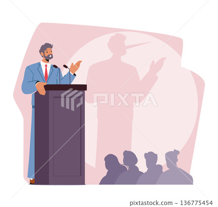 Male Character Liar with Long Nose Shade on Wall Stand On Podium Addressing A Crowd. Dishonesty, Manipulation Male Character Liar with Long Nose Shade on Wall Stand On Podium Addressing A Crowd. Dishonesty, Manipulation 136775454