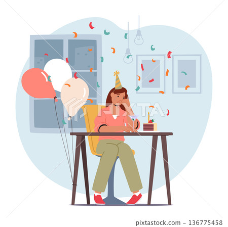 Alone And Somber, A Woman Quietly Celebrates Her Birthday. Sad Female Character Reminiscing Past Memories Alone And Somber, A Woman Quietly Celebrates Her Birthday. Sad Female Character Reminiscing Past Memories 136775458