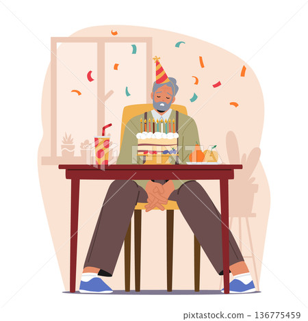 Alone On His Birthday, A Sorrowful Senior Man Sits Amidst A Simple Cake And Fading Memories, Vector Illustration Alone On His Birthday, A Sorrowful Senior Man Sits Amidst A Simple Cake And Fading Memories, Vector Illustration 136775459