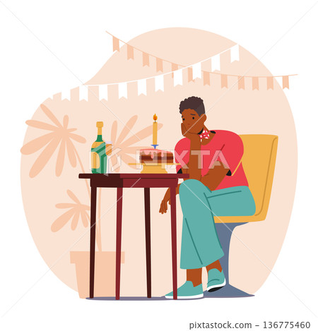Sad Lonely Man Celebrates His Birthday With A Solitary Cake And A Heavy Heart. Black Young Male Character Sad Lonely Man Celebrates His Birthday With A Solitary Cake And A Heavy Heart. Black Young Male Character 136775460