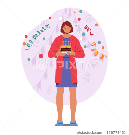 Sad And Lonely Woman Character Celebrates Her Birthday With A Quiet, Tearful Celebration, Vector Illustration 136775461