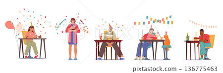 Isolated, Sad Lonely Characters Celebrate Birthdays, Yearning For Connection And Joy. Despite Their Solitude Isolated, Sad Lonely Characters Celebrate Birthdays, Yearning For Connection And Joy. Despite Their Solitude 136775463