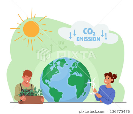 Ecological Issues, Global Warming, Environment Care, Day Of Earth Concept. Man And Woman Near Earth Globe 136775476