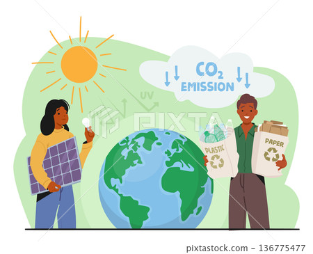 Green Energy, Global Warming And Environmental Solutions Concept. Characters With Solar Panel And Reusable Package 136775477