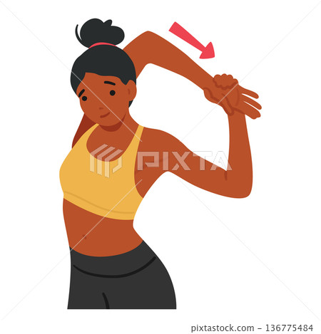 Woman Performs Stretching Exercises. Black Fit Female Character Gently Stretching Her Shoulders And Flexing Her Hands 136775484
