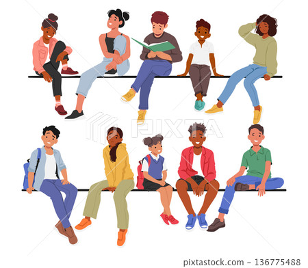 Happy Kids Characters Sitting On A Perch, Immersed In Joyful Conversation or Reading, Their Smiles Radiate Happiness Happy Kids Characters Sitting On A Perch, Immersed In Joyful Conversation or Reading, Their Smiles Radiate Happiness 136775488