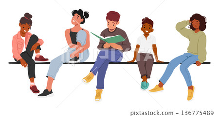 Joyful Kids Sitting Closely Together On A Parapet, Wall or Perch, Character Radiating Youthful Innocence And Friendship Joyful Kids Sitting Closely Together On A Parapet, Wall or Perch, Character Radiating Youthful Innocence And Friendship 136775489