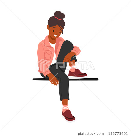 Young Girl Perches Casually On A Bench, Wall, or Parapet, Observing The World With Curiosity And A Hint Of Mischief Young Girl Perches Casually On A Bench, Wall, or Parapet, Observing The World With Curiosity And A Hint Of Mischief 136775491