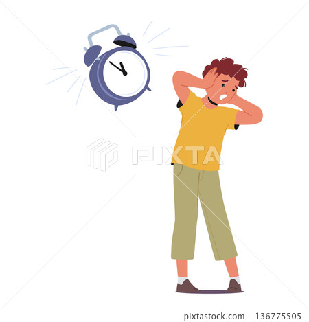 Little Boy Character Suffering Of Noise. Child With Sensitivity To Loud Sounds, Symptom Of Autism Spectrum Disorder Little Boy Character Suffering Of Noise. Child With Sensitivity To Loud Sounds, Symptom Of Autism Spectrum Disorder 136775505