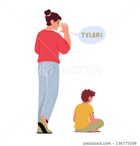 Little Boy Does Not Respond To The World Around. Child Character Immersed In Thoughts. Mom Trying to Attract Attention 136775506