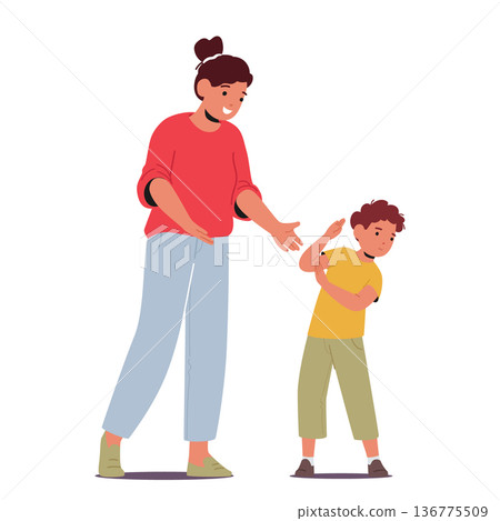 Mother Character Trying Interact With Her Autistic Son In Vain. Child Exhibiting Signs Of Autism Avoid Close Contact Mother Character Trying Interact With Her Autistic Son In Vain. Child Exhibiting Signs Of Autism Avoid Close Contact 136775509
