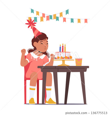 Little Girl Eagerly Blows Out The Candles On Her Birthday Cake, Marking A Special Moment Of Celebration And Happiness Little Girl Eagerly Blows Out The Candles On Her Birthday Cake, Marking A Special Moment Of Celebration And Happiness 136775513