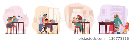 Multi-tasking Business Mothers Skillfully Balance Work On Laptops While Caring For Their Children, Vector Illustration Multi-tasking Business Mothers Skillfully Balance Work On Laptops While Caring For Their Children, Vector Illustration 136775516