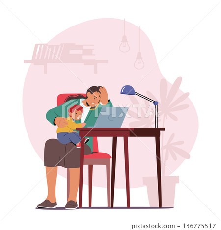 Exhausted Business Mother Multitasking On Laptop While Holding Her Child. Female Character Juggling Work And Parenting 136775517