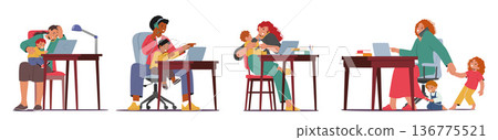 Multitasking Business Mother Characters Skillfully Balancing Work On Laptops While Holding Their Children Multitasking Business Mother Characters Skillfully Balancing Work On Laptops While Holding Their Children 136775521