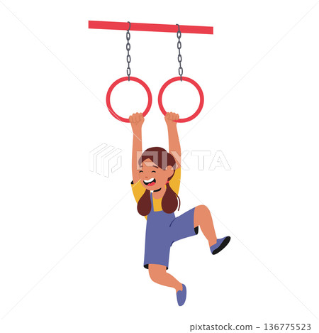 Child Girl Character Hangs From The Monkey Bars, her Determined Grip And Radiant Smile Showcasing Adventurous Spirit Child Girl Character Hangs From The Monkey Bars, her Determined Grip And Radiant Smile Showcasing Adventurous Spirit 136775523